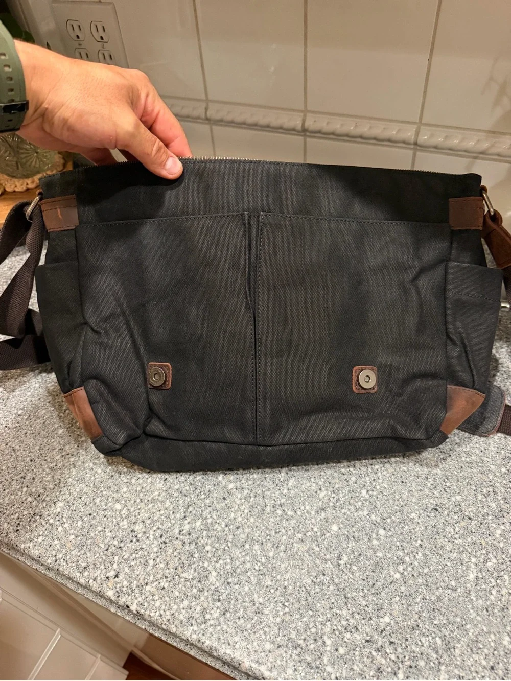 Men's Black Waxed Canvas Messenger Bag with Brown Leather Trim